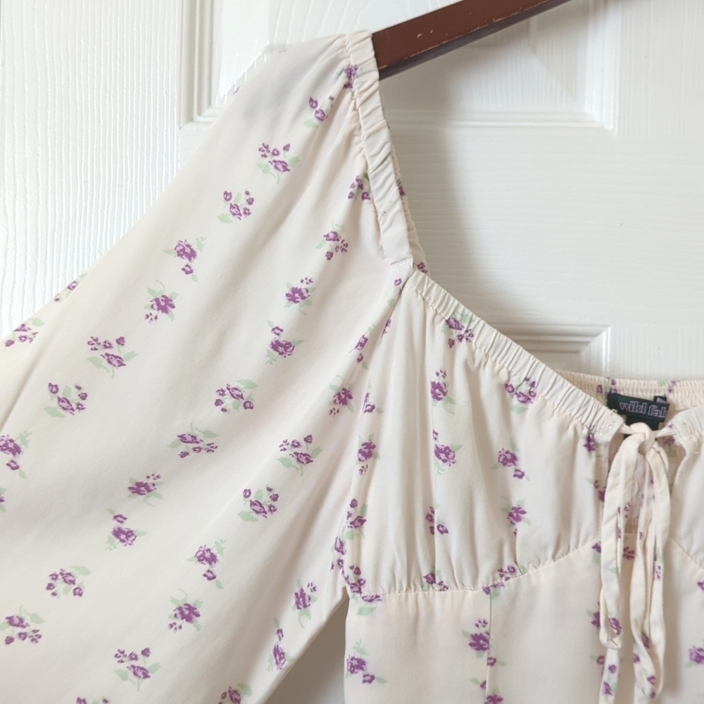 Wild Fable Boho Floral Quarter Balloon Sleeve Bustier Crop Top Cream Purple XS - Picture 3 of 11